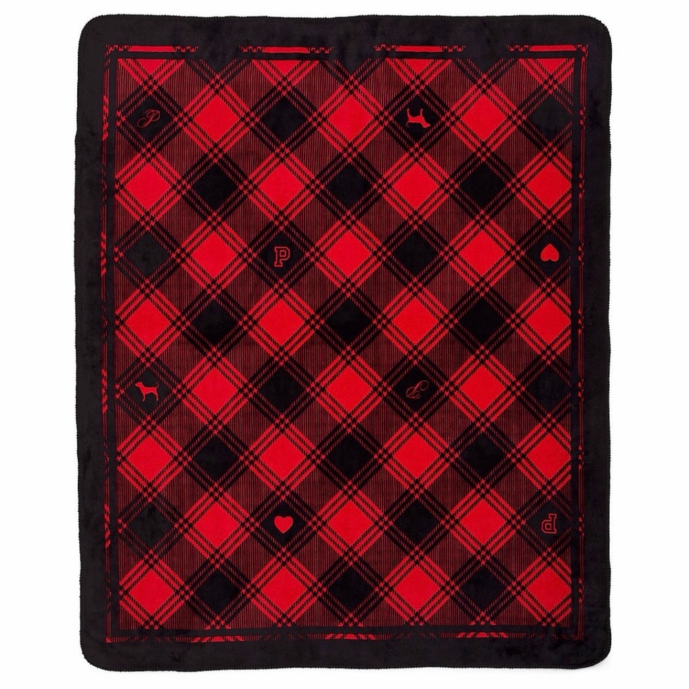 NWT VS Pink Cozy Red Black Plaid Fleece Blanket